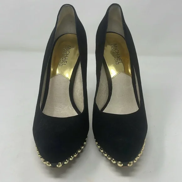 Michael Kors Black Suede Pumps with Gold Accents Size 7.5 Excellent Condition - Picture 2 of 16